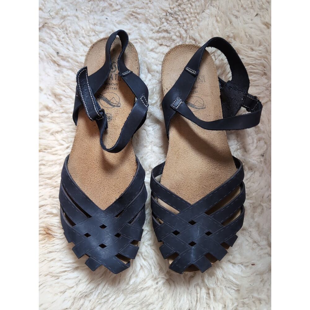 Sabatini Memory System Black Leather Fisherman Cork Wedge Shoes EU 39 8-8.5